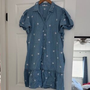 Blue Denim Dress with White Floral Embroidery